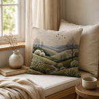 An aesthetic countryside landscape embroidered pillow styled in a sunny window reading nook, featuring a soft cream throw blanket and minimalist ceramic vases on a wooden ledge.