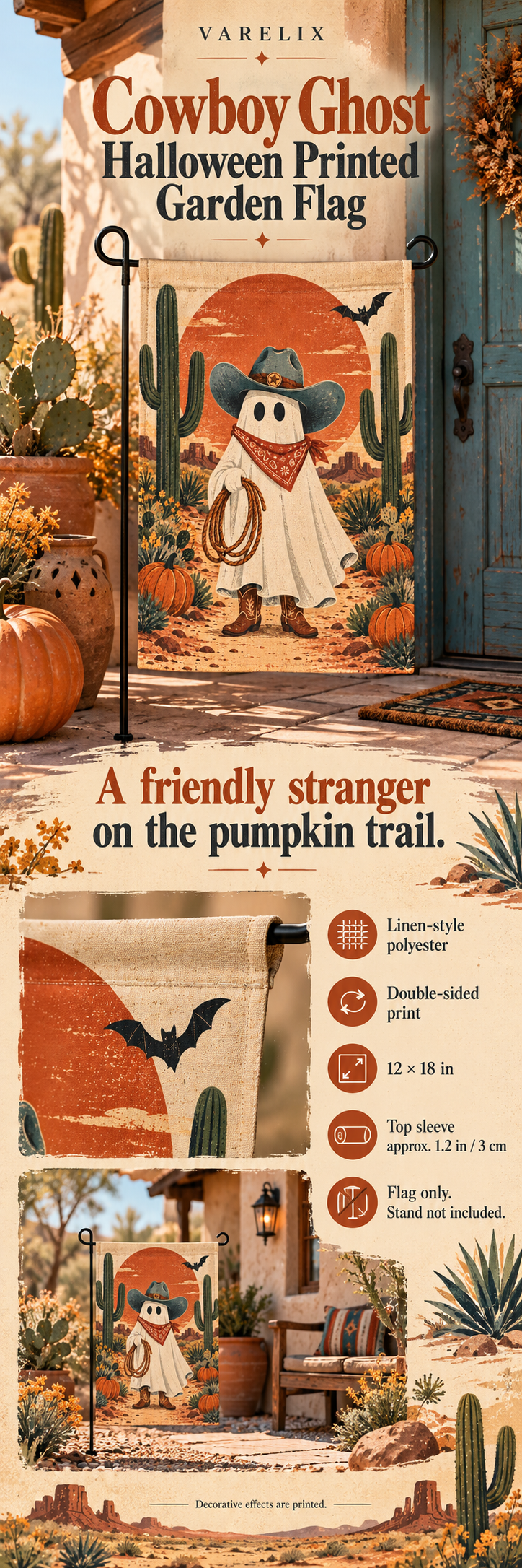Cowboy Ghost Halloween Printed Garden Flag by VARELIX, A+ detail poster with verified material, sizes and included items.