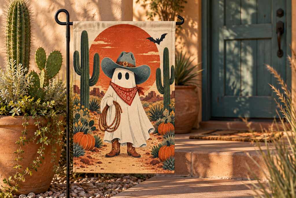 Cowboy Ghost Halloween Printed Garden Flag, lifestyle view 1: One flag on a simple separate black L-shaped garden stake beside a front porch planter, all of the flag readable, late-afternoon natural light.