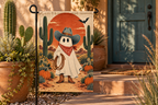Cowboy Ghost Halloween Printed Garden Flag, lifestyle view 1: One flag on a simple separate black L-shaped garden stake beside a front porch planter, all of the flag readable, late-afternoon natural light.