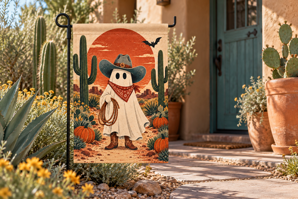 Cowboy Ghost Halloween Printed Garden Flag, lifestyle view 2: One flag on a separate black garden stake along a short garden path, lower garden view with planting behind; no people, full rectangle visible.