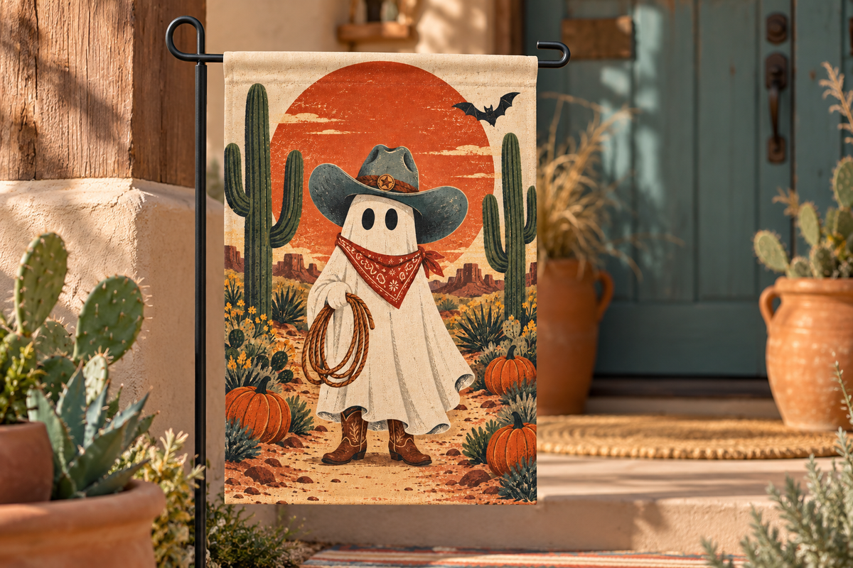 Cowboy Ghost Halloween Printed Garden Flag, lifestyle view 3: Closer view of the flag on its separate black L-shaped stake near a porch post, the real cloth top sleeve threading over the horizontal bar, print clearly readable.