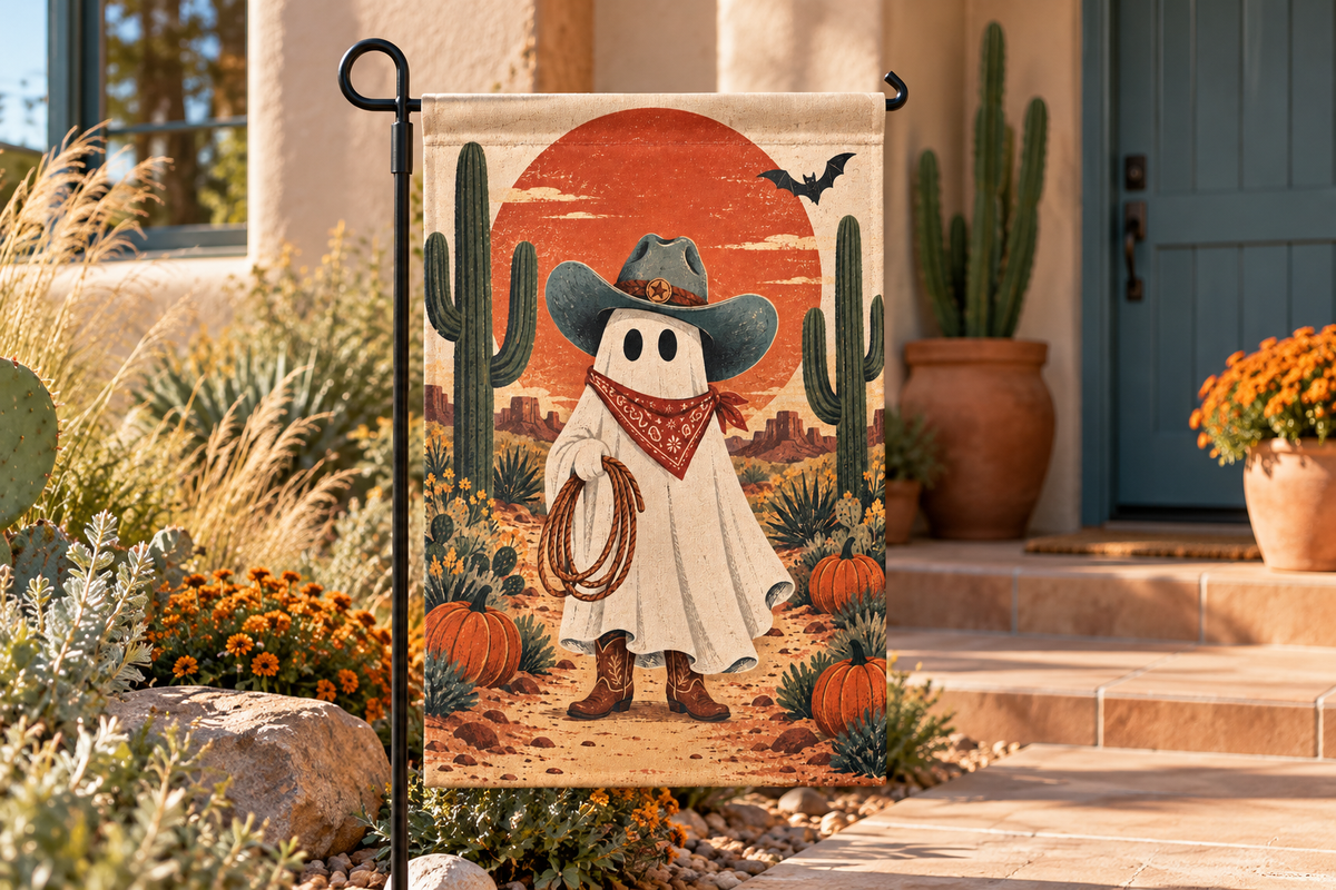 Cowboy Ghost Halloween Printed Garden Flag, lifestyle view 4: One flag on its separate black garden stake in a mailbox garden with restrained October seasonal planting, wide but product-led welcoming suburban scene.