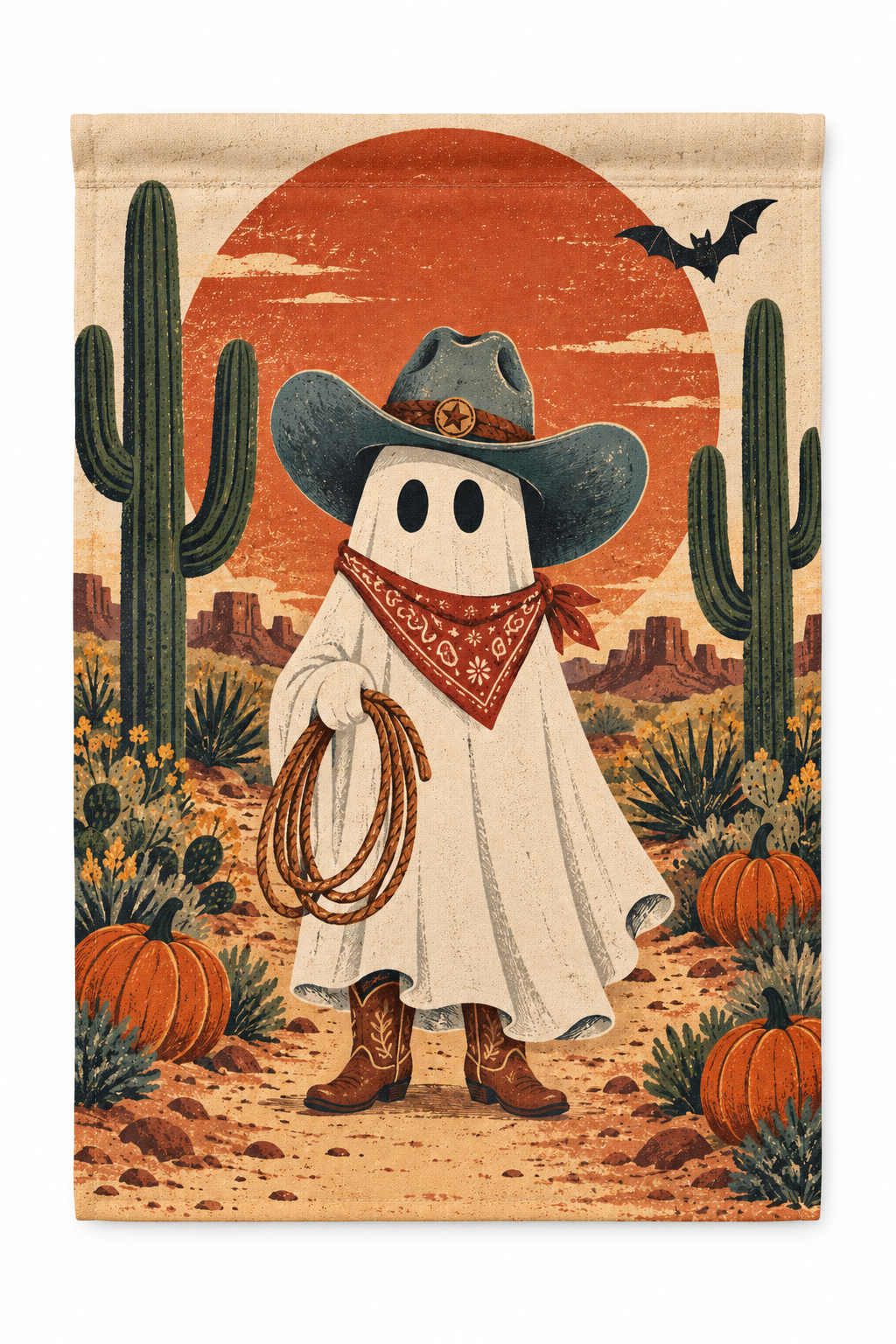 Cowboy Ghost Halloween Printed Garden Flag on a white background, showing the complete printed design.
