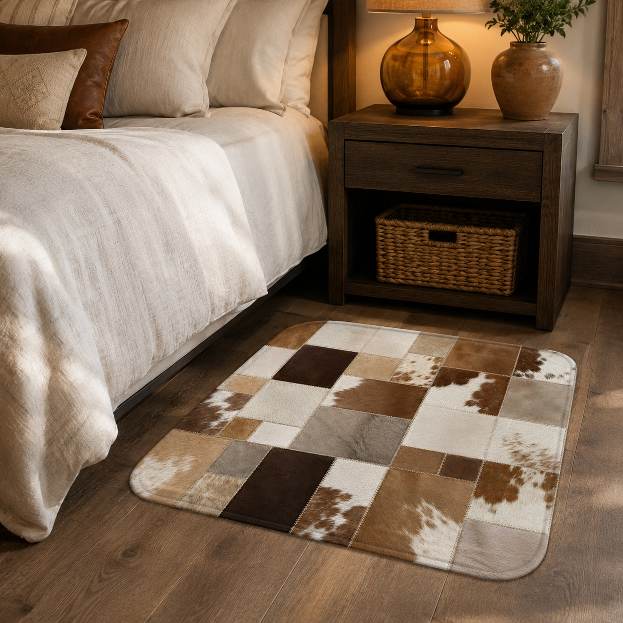 A brown and cream cowhide print patchwork doormat on the wooden floor next to a cozy bedroom nightstand.