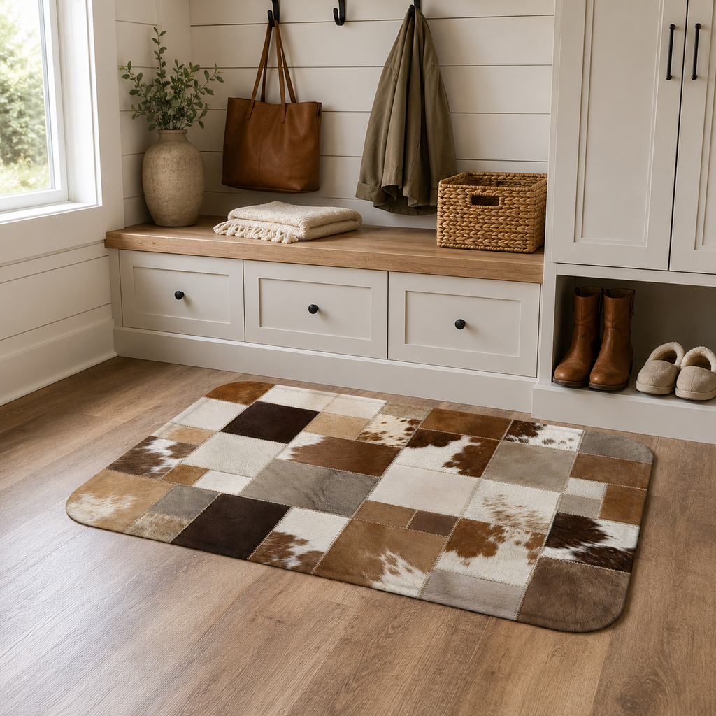 A faux cowhide patchwork doormat styled on a wooden floor in a farmhouse entryway next to a bench.