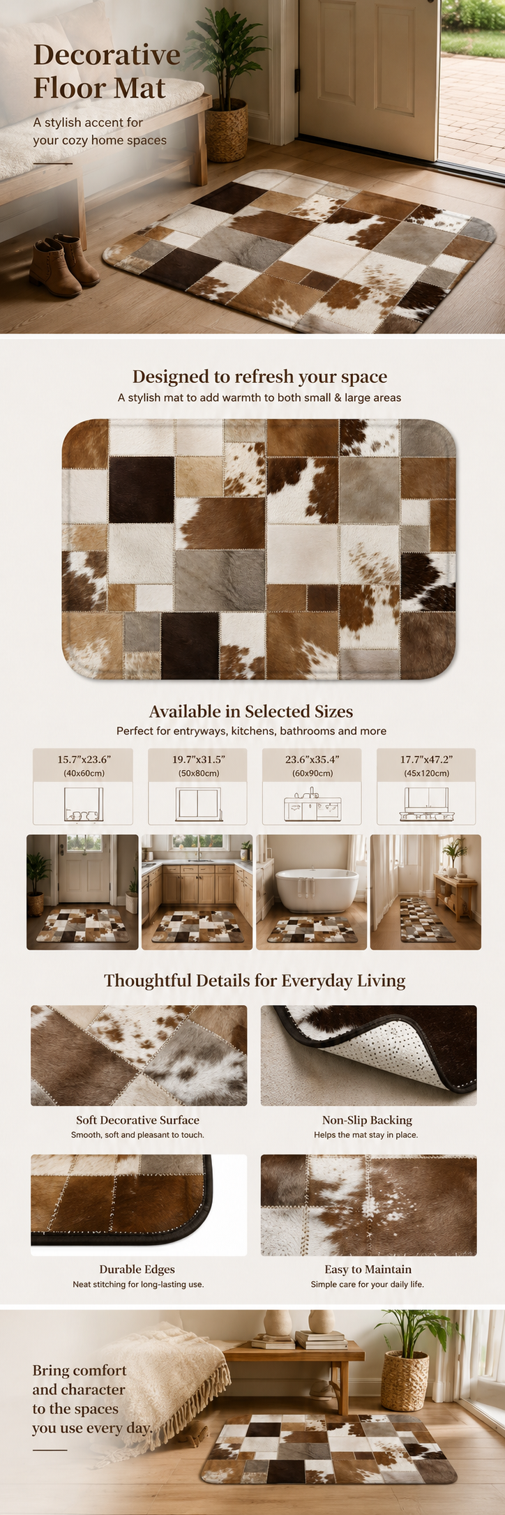 An infographic product image displaying sizes, non-slip backing, and features of a decorative faux cowhide patchwork doormat.
