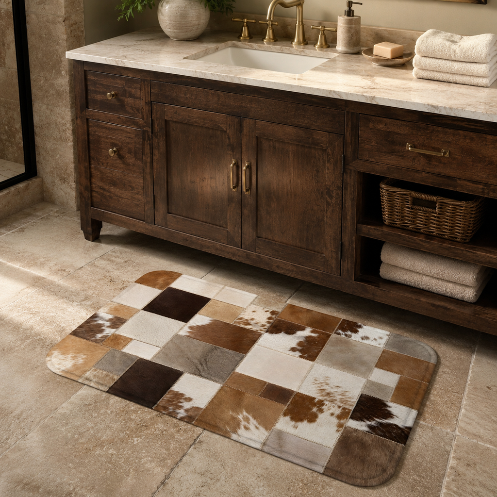 A rectangular doormat with a brown and white faux cowhide patchwork pattern on a white background.