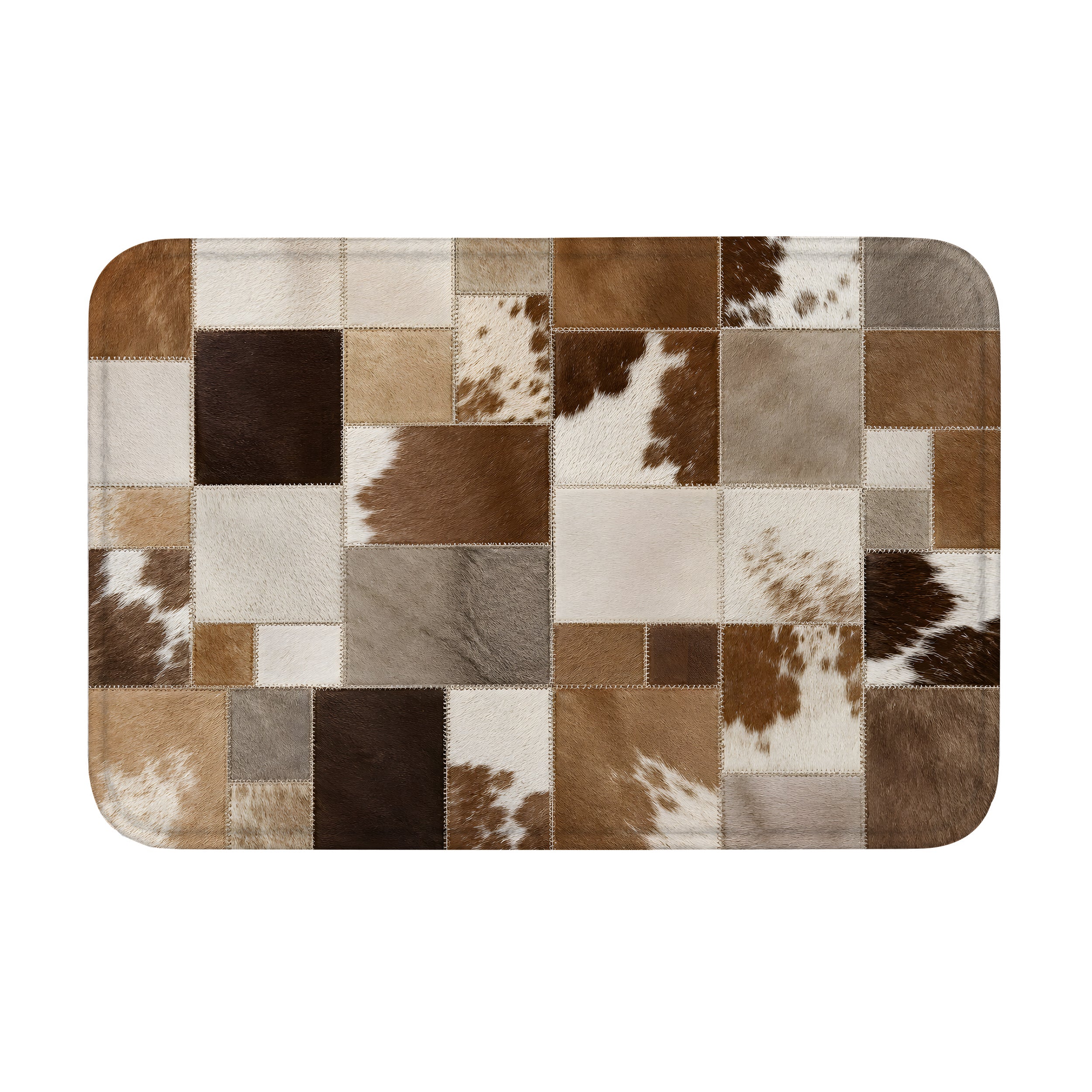 A rectangular doormat with a brown and white faux cowhide patchwork pattern on a white background.