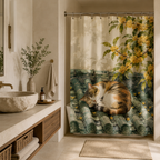 Cozy cat on traditional Chinese roof tiles shower curtain hanging in a wabi-sabi style bathroom with a stone basin and minimalist decor.