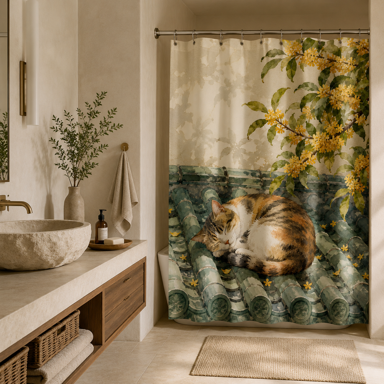 Cozy cat on traditional Chinese roof tiles shower curtain hanging in a wabi-sabi style bathroom with a stone basin and minimalist decor.