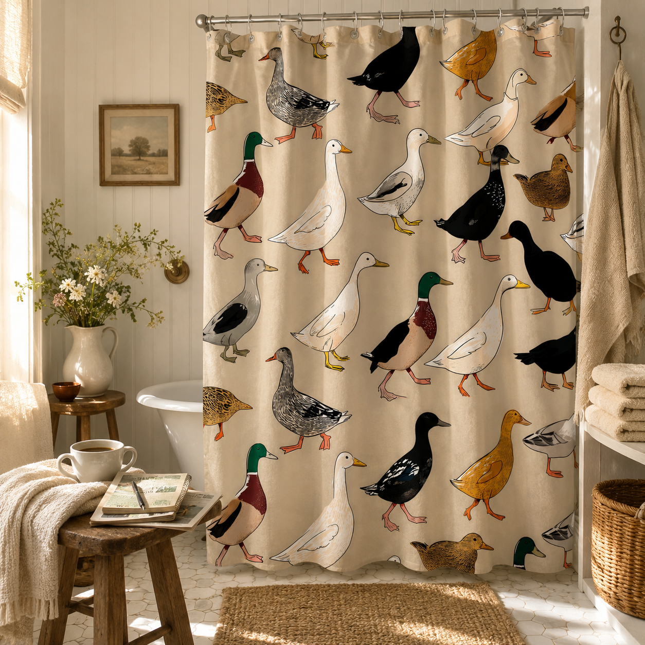 A cottagecore duck pattern shower curtain styled in a sunlit bathroom with a wooden stool holding a coffee mug and a notebook by the bathtub.