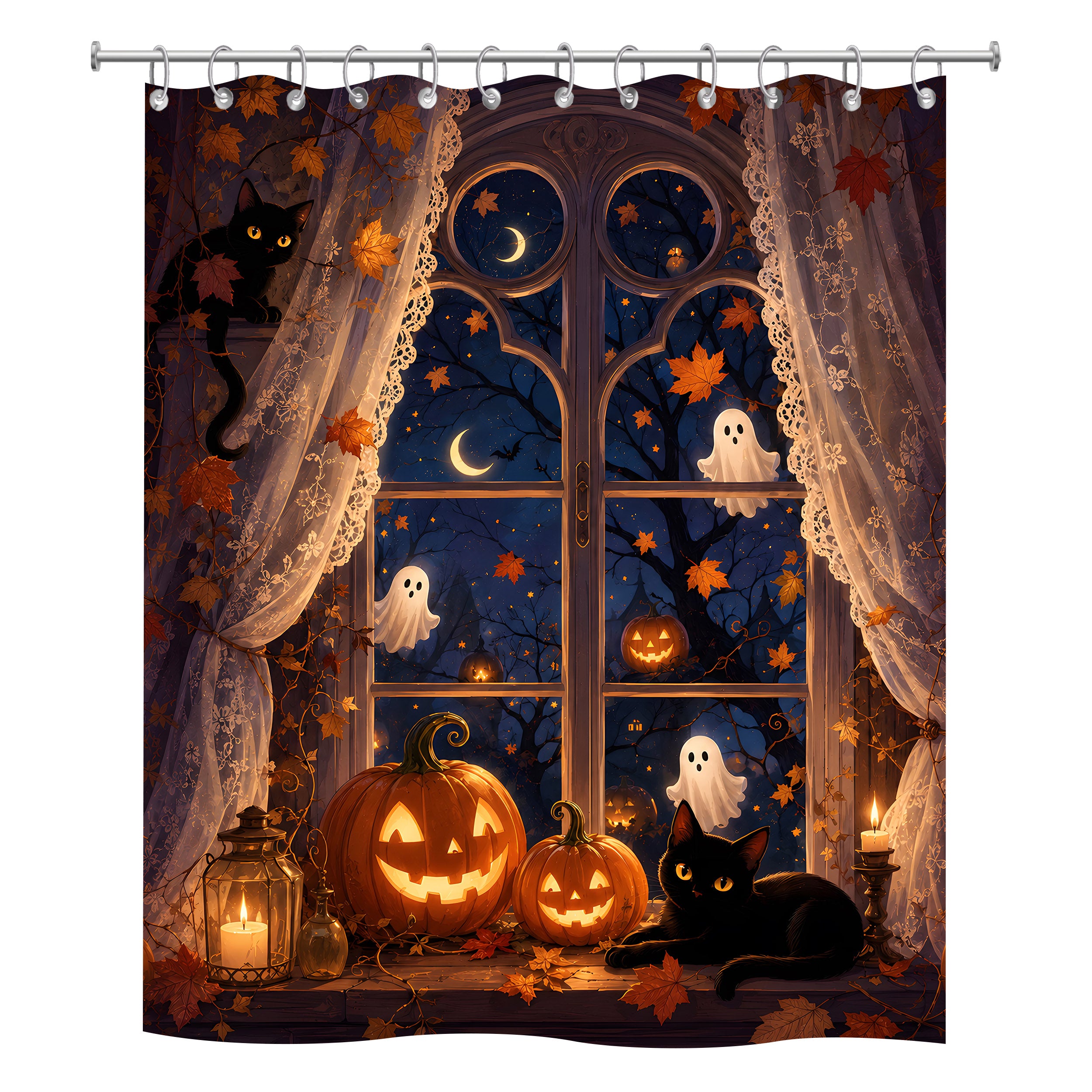 Festive Halloween shower curtain graphic depicting a magical gothic window with floating white ghosts, glowing jack-o'-lanterns, falling autumn leaves, and a cozy black cat.