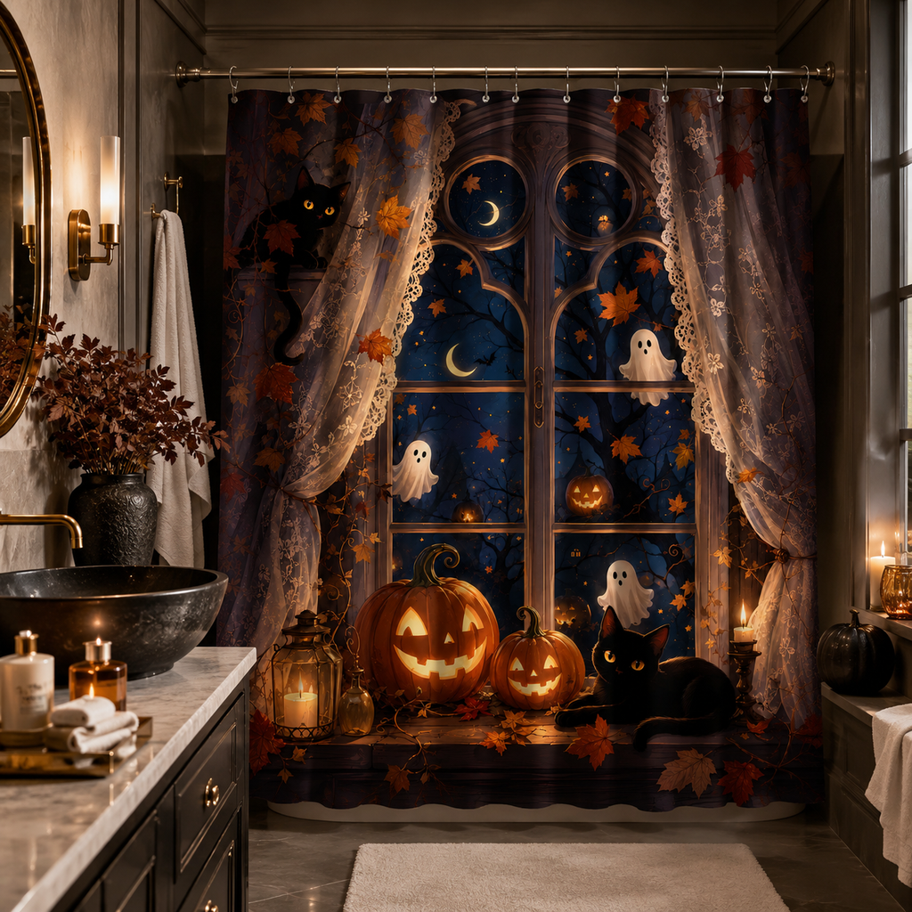 Festive Halloween pumpkin and cat shower curtain hanging next to a modern black vessel sink vanity and stylish wall sconces.