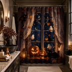 Festive Halloween pumpkin and cat shower curtain hanging next to a modern black vessel sink vanity and stylish wall sconces.