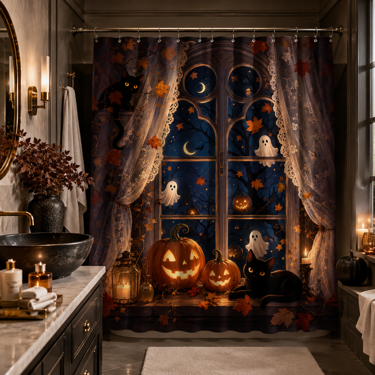 Festive Halloween pumpkin and cat shower curtain hanging next to a modern black vessel sink vanity and stylish wall sconces.