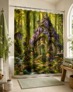 A cozy storybook cottage shower curtain installed in a relaxing spa-style bathroom setting, complemented by stacked green towels on a wooden bench, neutral tiling, and soft ambient lighting.