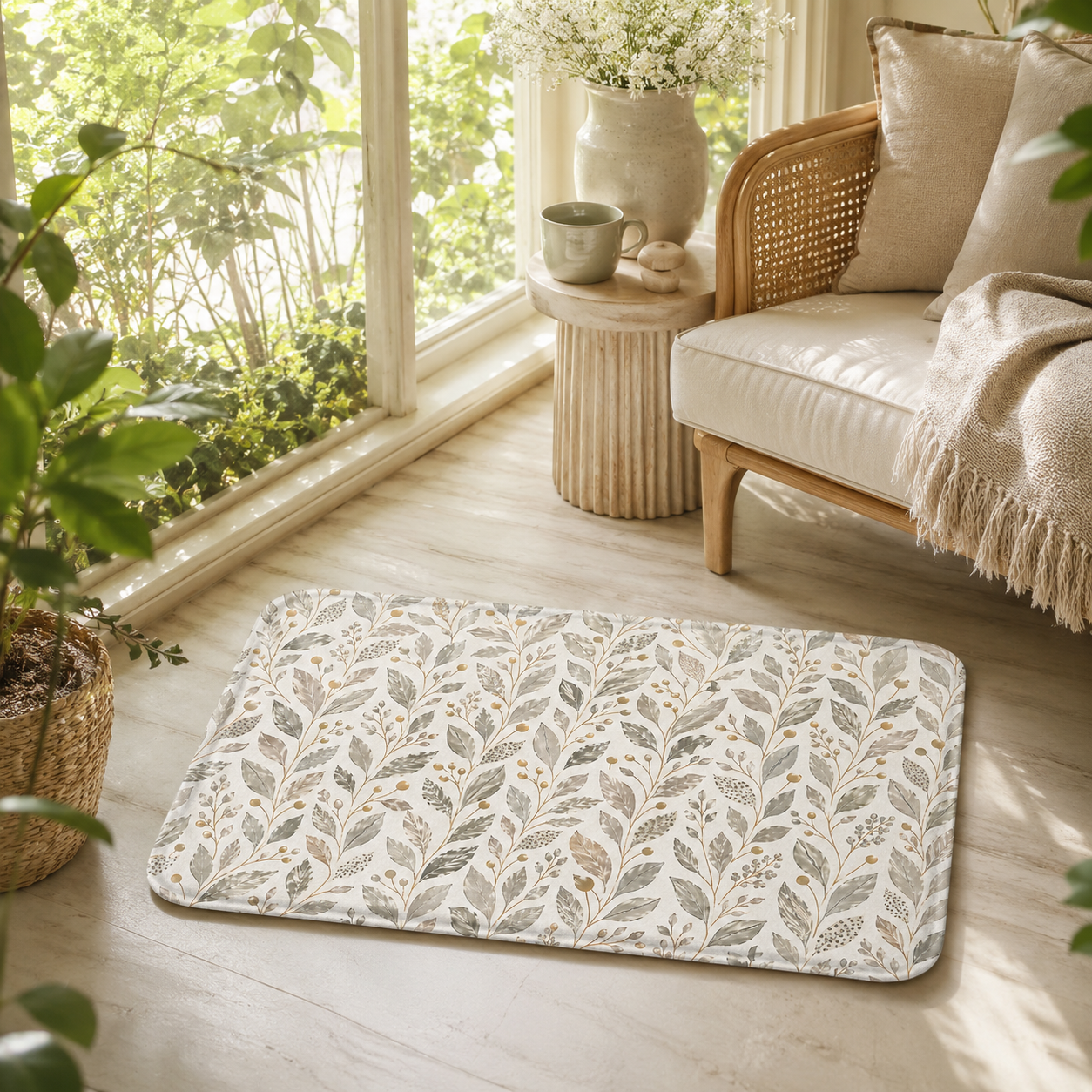 A soft nature-inspired leaf pattern rug on a light-colored floor in a sunlit room next to a rattan chair and large glass windows.