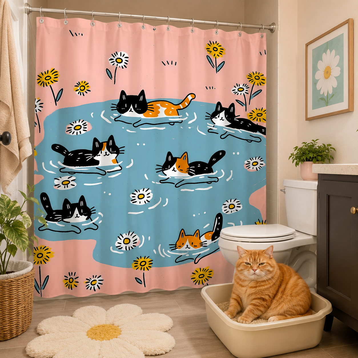 A cute cat and daisy pattern shower curtain hung in a beige tiled bathroom, with a chubby orange cat sitting inside a litter box on the floor looking at the camera.