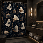 Dark academia style shower curtain with cute reading ghosts in a sleek modern black bathroom.