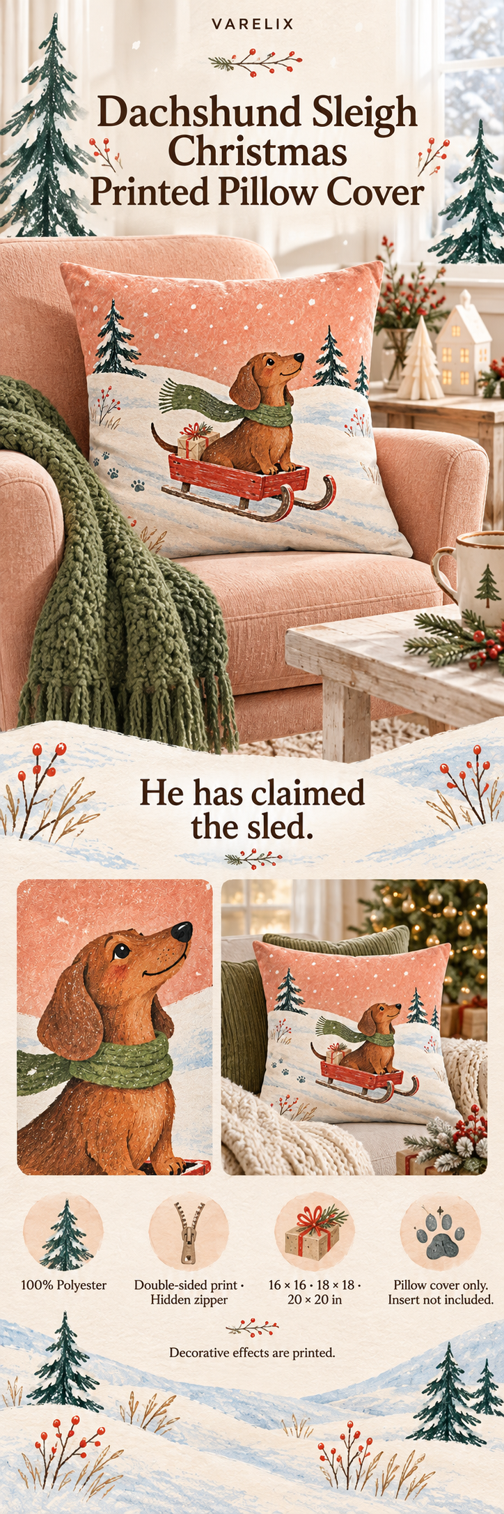Dachshund Sleigh Christmas Printed Pillow Cover by VARELIX, A+ detail poster with verified material, sizes and included items.