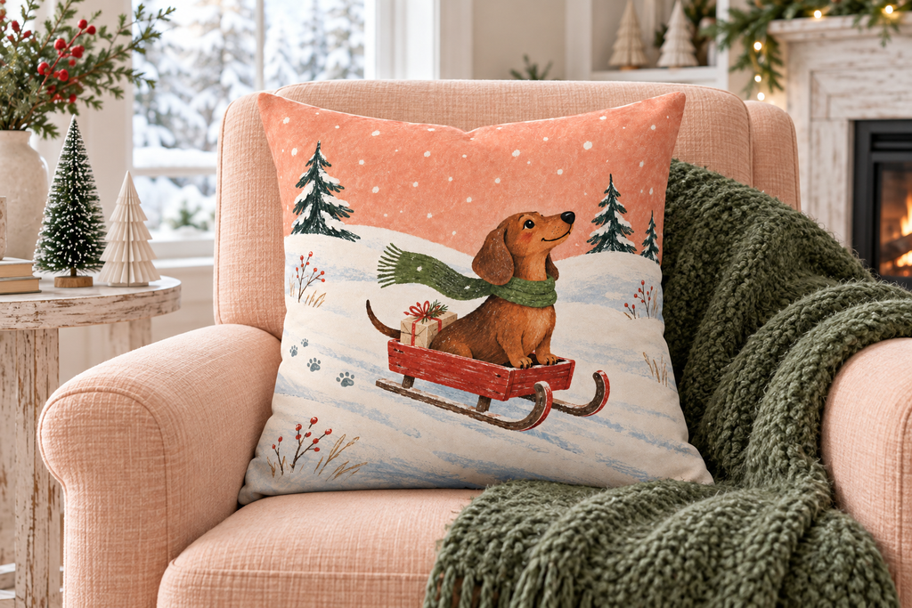Dachshund Sleigh Christmas Printed Pillow Cover, lifestyle view 1: Placed upright on an accent chair, nearly frontal with full print clearly visible; room-wide interior composition.