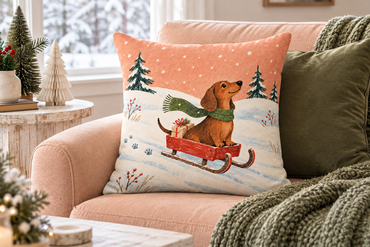 Dachshund Sleigh Christmas Printed Pillow Cover, lifestyle view 2: A prominent single pillow on a sofa beside one plain solid-colored cushion; medium interior composition, product fills at least 40 percent of frame.