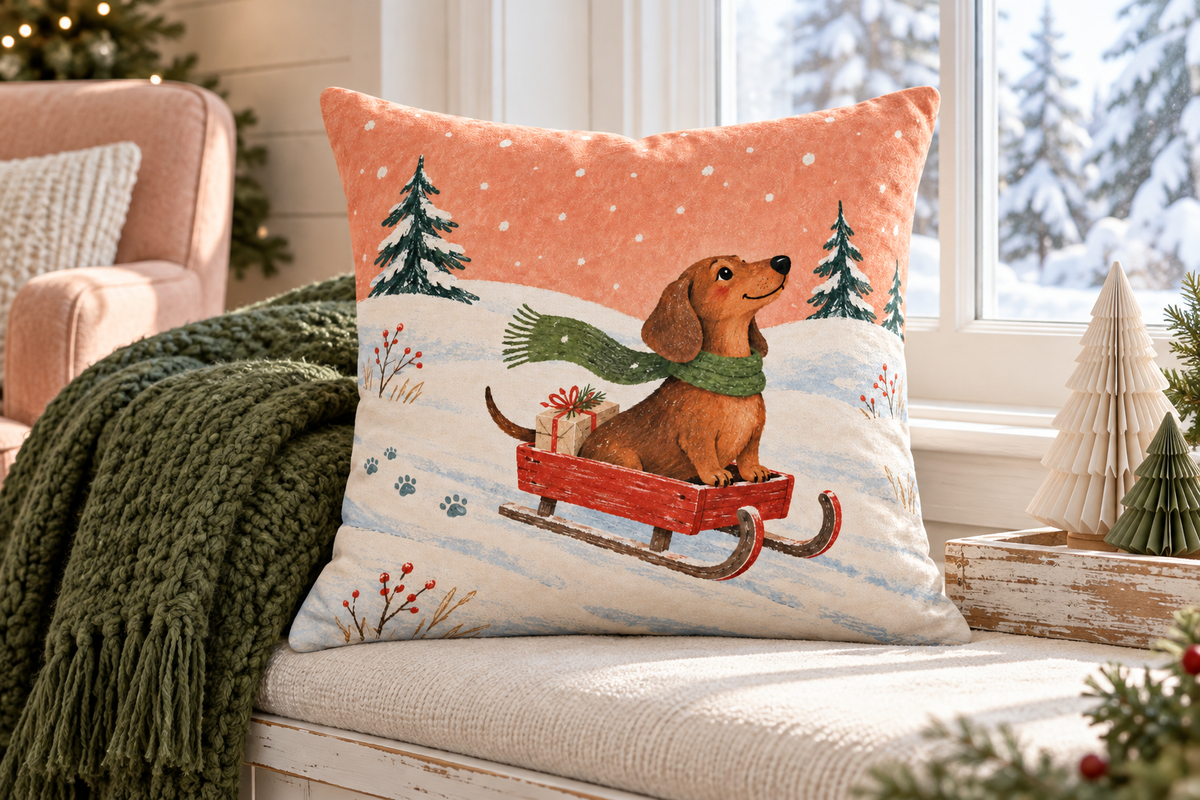 Dachshund Sleigh Christmas Printed Pillow Cover, lifestyle view 4: Close editorial view on an indoor window bench, full pillow and all edges visible, gentle side light reveals the real textile texture.