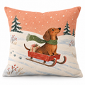 Dachshund Sleigh Christmas Printed Pillow Cover on a white background, showing the complete printed design.