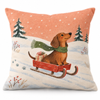 Dachshund Sleigh Christmas Printed Pillow Cover on a white background, showing the complete printed design.