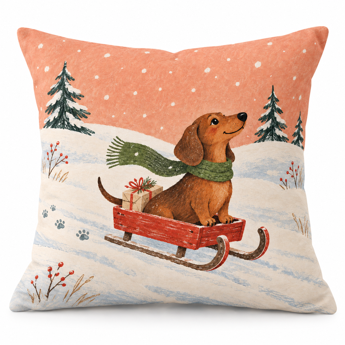 Dachshund Sleigh Christmas Printed Pillow Cover on a white background, showing the complete printed design.