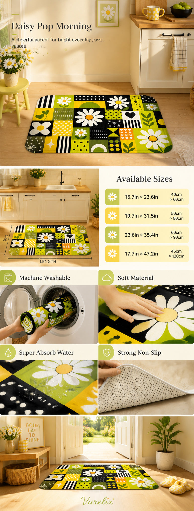 A detailed product infographic for a daisy floral doormat showing available sizes, machine washable feature, and non-slip backing.