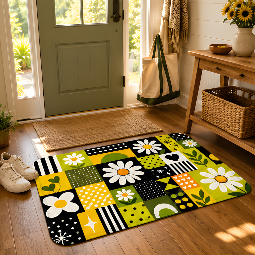 A retro daisy floral doormat styled at a home entryway next to a green front door and white sneakers.