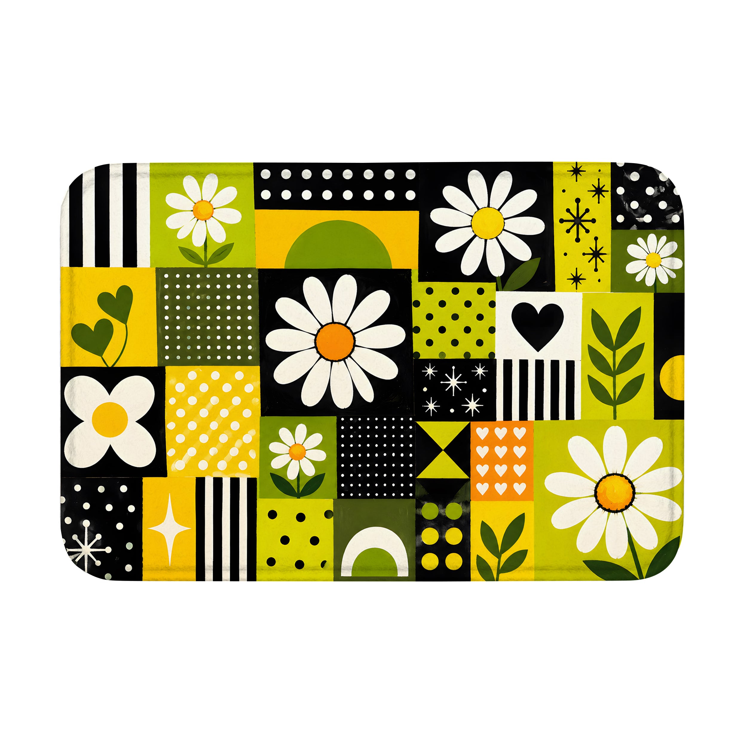 A top-down product view of a rectangular geometric doormat featuring white daisy patterns and green-yellow accents.