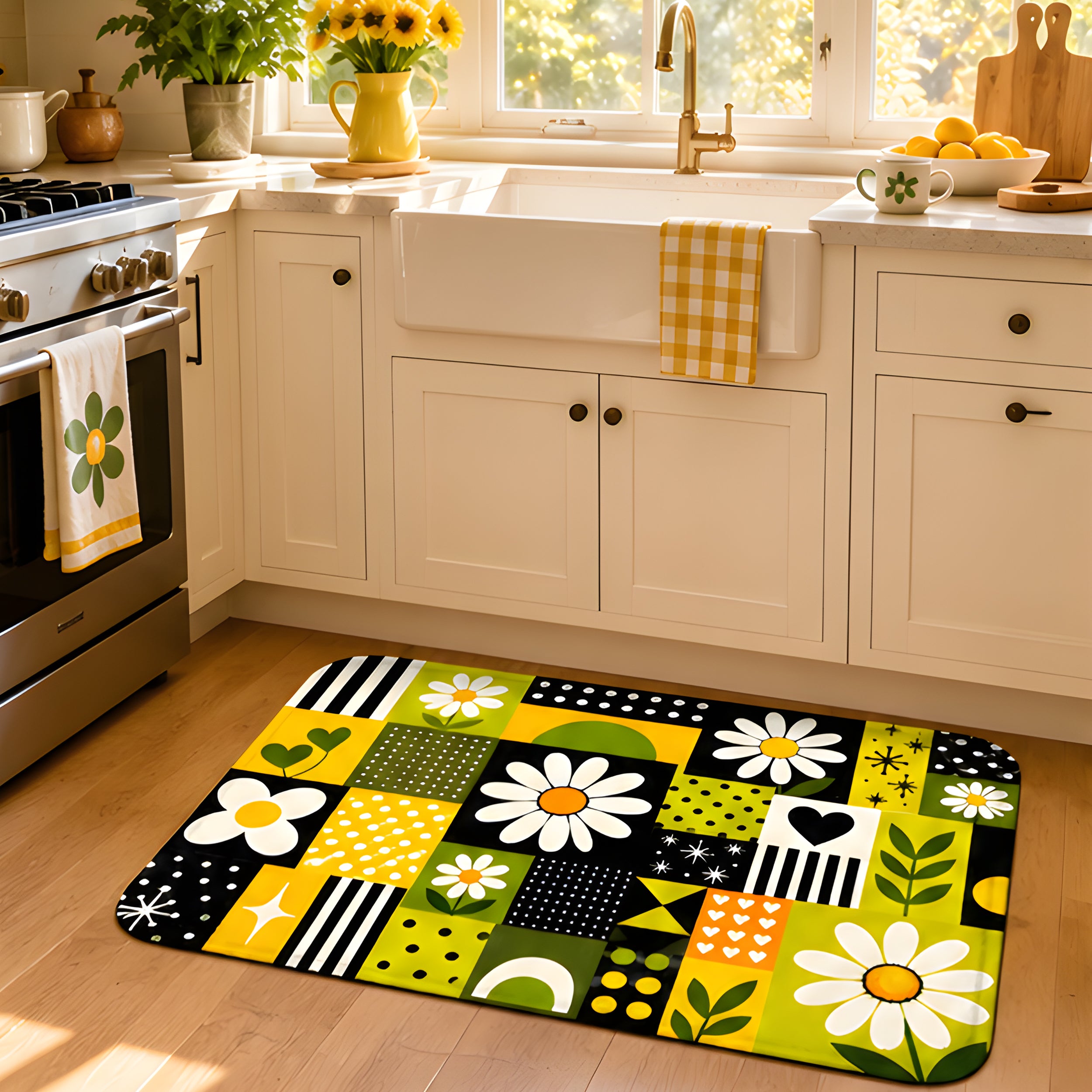 A colorful daisy floral kitchen doormat placed on a wooden floor in front of a white farmhouse sink.