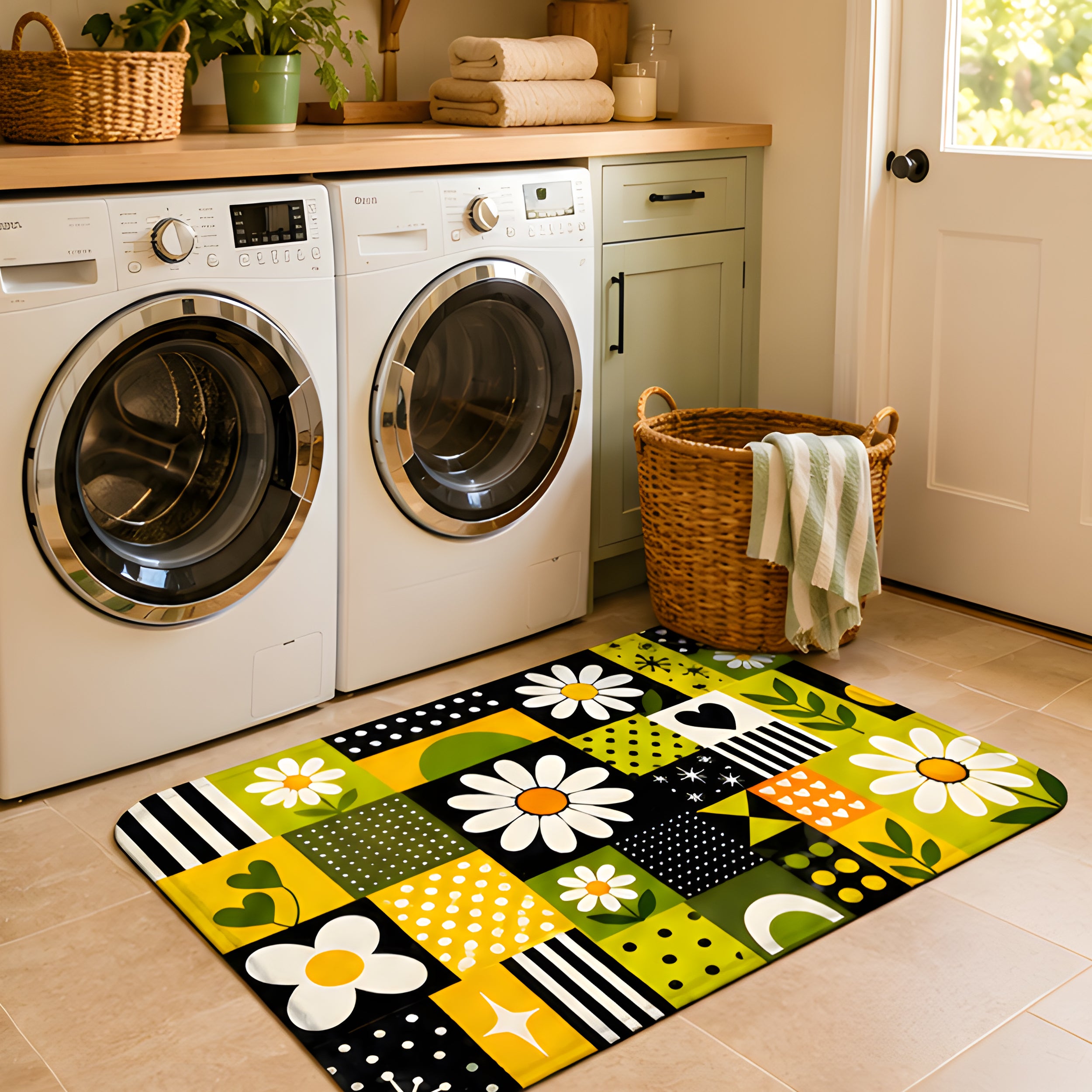 A vibrant daisy floral doormat on a tiled floor in front of a modern white washing machine and dryer.