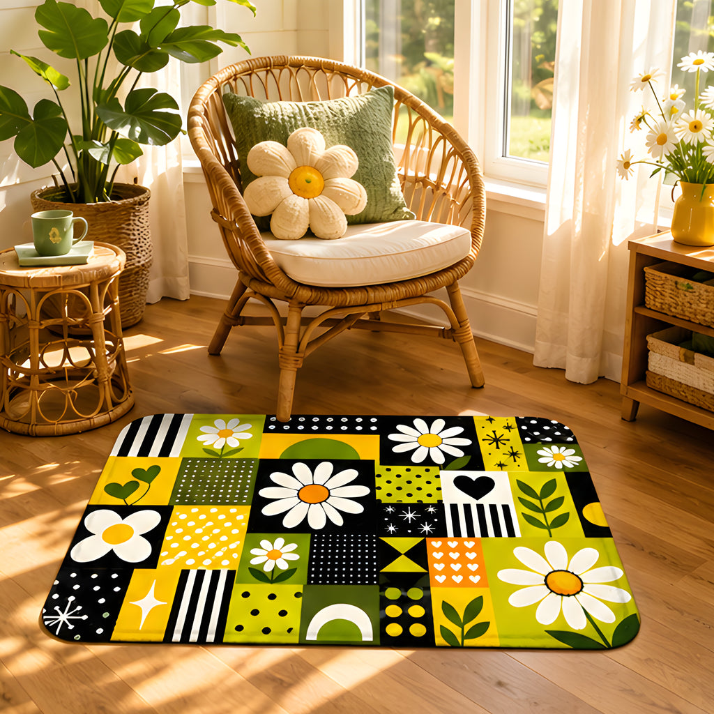 A stylized daisy floral doormat placed on a wooden floor in a cozy living room next to a rattan chair.