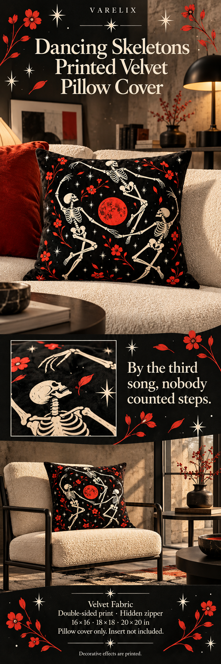 Dancing Skeletons Printed Velvet Pillow Cover by VARELIX, A+ detail poster with verified material, sizes and included items.