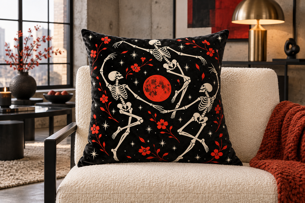 Dancing Skeletons Printed Velvet Pillow Cover, lifestyle view 1: Placed upright on an accent chair, nearly frontal with full print clearly visible; room-wide interior composition.