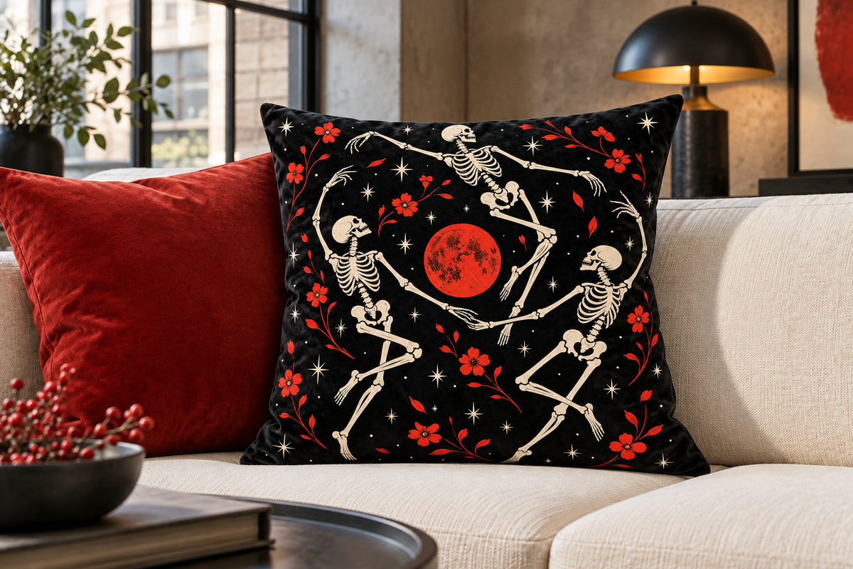 Dancing Skeletons Printed Velvet Pillow Cover, lifestyle view 2: A prominent single pillow on a sofa beside one plain solid-colored cushion; medium interior composition, product fills at least 40 percent of frame.