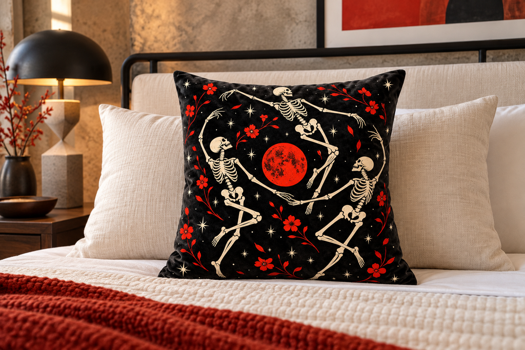Dancing Skeletons Printed Velvet Pillow Cover, lifestyle view 3: Centered in front of plain pillows on a neatly made guest bed; eye-level composition, believable 18-inch pillow scale.