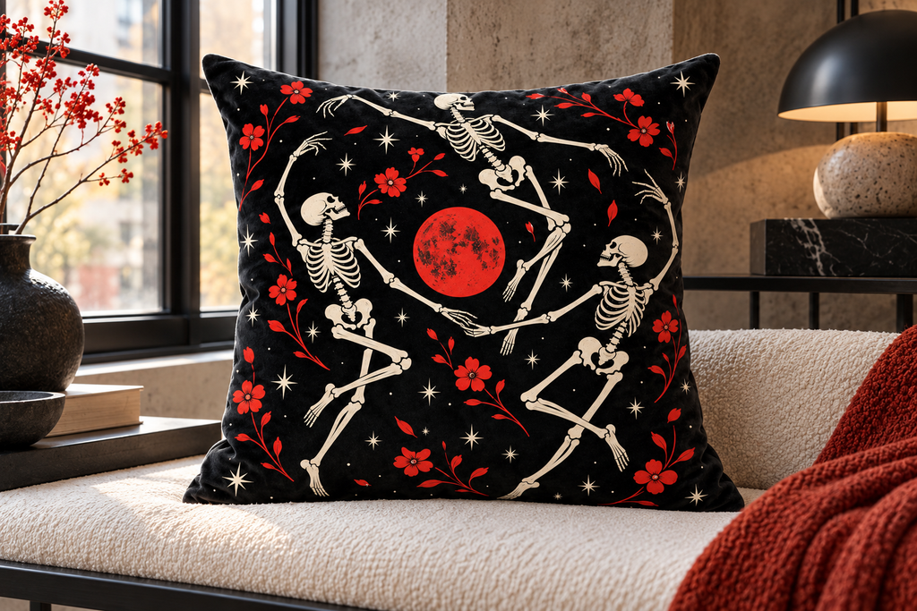 Dancing Skeletons Printed Velvet Pillow Cover, lifestyle view 4: Close editorial view on an indoor window bench, full pillow and all edges visible, gentle side light reveals the real textile texture.