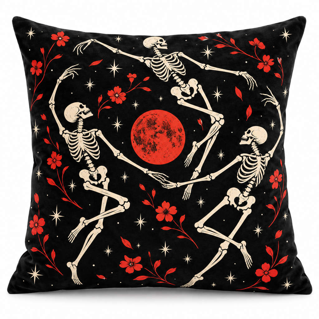 Dancing Skeletons Printed Velvet Pillow Cover on a white background, showing the complete printed design.