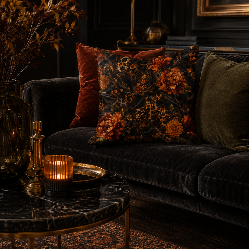 A luxurious dark baroque floral and cheetah print throw pillow styled on a vintage black velvet sofa, accompanied by amber glass candle holders, dark wood paneling, and warm candlelight.
