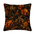A square decorative throw pillow cover isolated on a pure white background, featuring a luxurious dark baroque design with large orange peonies, vintage floral vines, and wild cheetah leopard prints.