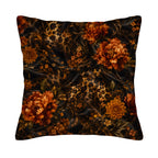 A square decorative throw pillow cover isolated on a pure white background, featuring a luxurious dark baroque design with large orange peonies, vintage floral vines, and wild cheetah leopard prints.