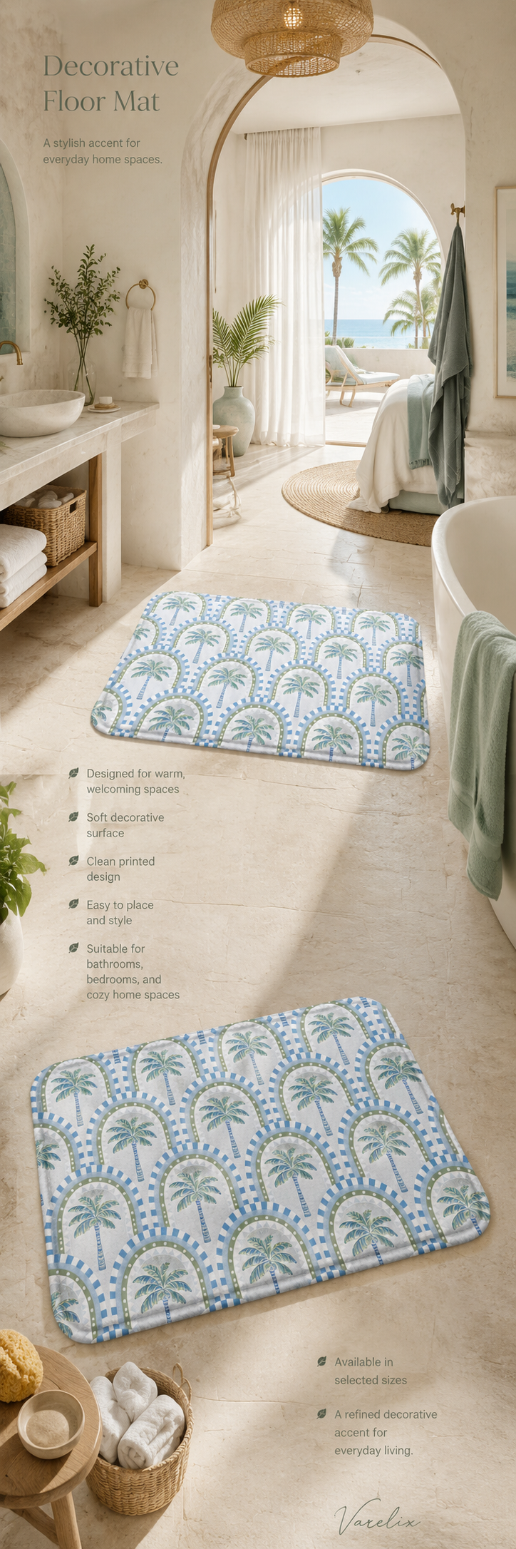 Stylish decorative floor mats with tropical palm tree patterns styled in a luxury beige bathroom and hallway entryway.