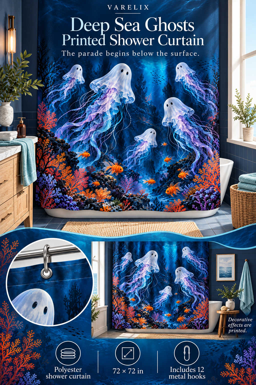 Deep Sea Ghosts Printed Shower Curtain by VARELIX, A+ detail poster with verified material, sizes and included items.