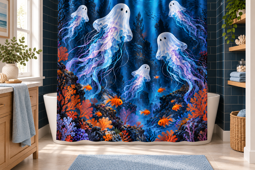 Deep Sea Ghosts Printed Shower Curtain, lifestyle view 1: Curtain fully drawn across a standard tub, nearly frontal view, entire square print readable, exactly 12 metal hooks on straight rod, no floor-length distortion.