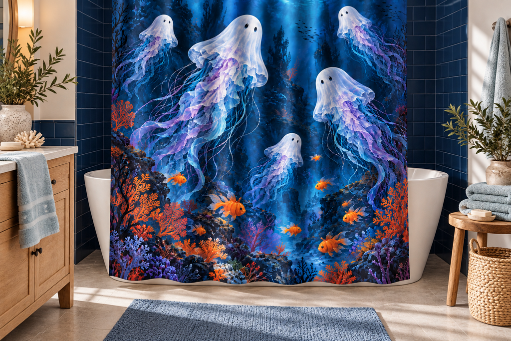 Deep Sea Ghosts Printed Shower Curtain, lifestyle view 2: Three-quarter view of a standard tub and square curtain, entire product visible with soft vertical folds, no window or fixture passing through cloth.